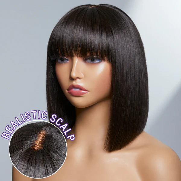 Upgraded Remy Hair Straight Glueless Minimal Lace Bob Wigs With Bangs