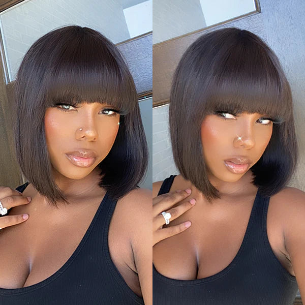 Upgraded Remy Hair Straight Glueless Minimal Lace Bob Wigs With Bangs