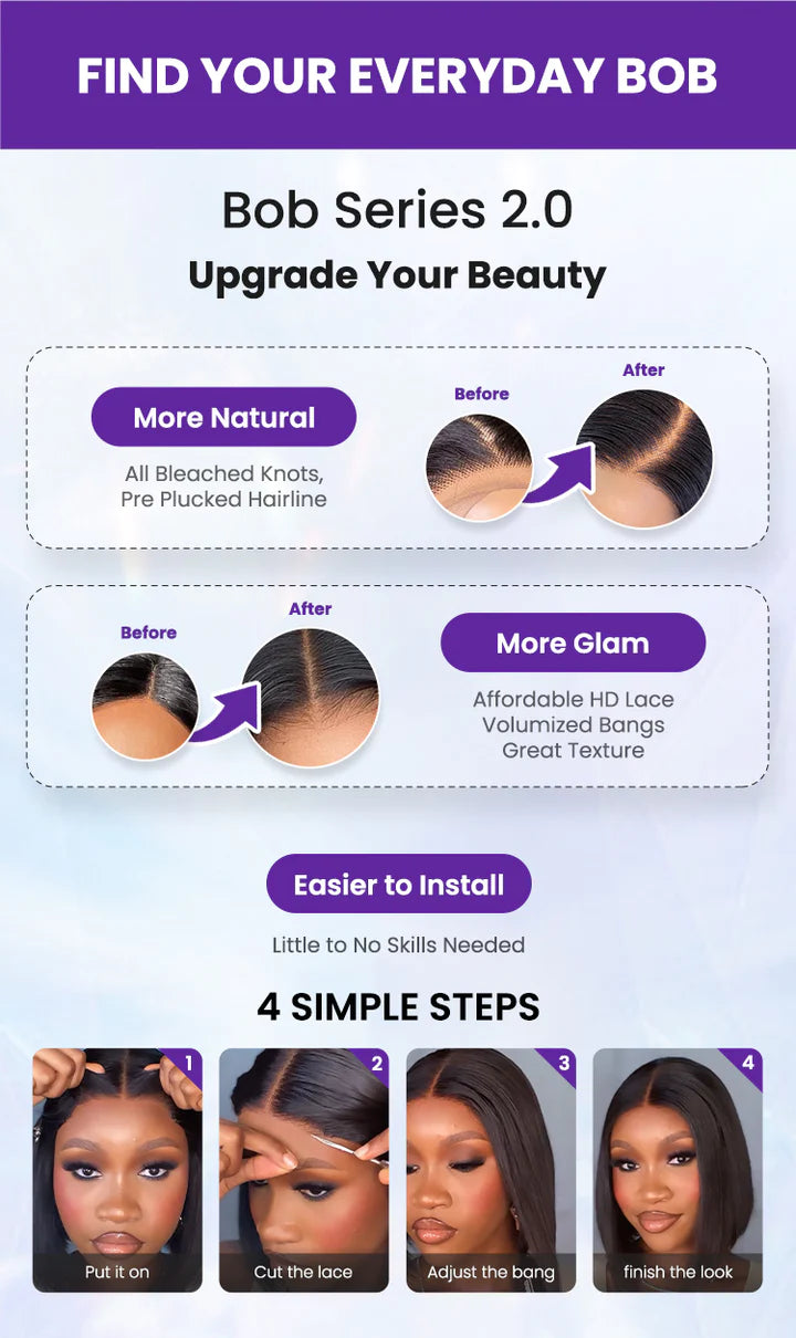 Upgraded Remy Hair Straight Glueless Minimal Lace Bob Wigs With Bangs