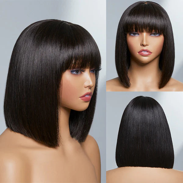 Upgraded Remy Hair Straight Glueless Minimal Lace Bob Wigs With Bangs