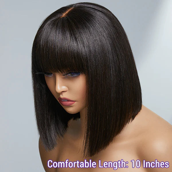 Upgraded Remy Hair Straight Glueless Minimal Lace Bob Wigs With Bangs